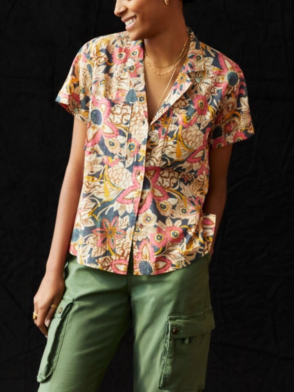 Pilcro Anthropologie 100% Cotton Floral Button Front Shirt Size Medium